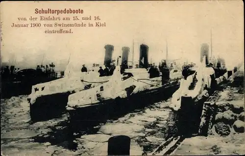 Ak Deutsche Kriegsschiffe, Schultorpedoboote, Eisfahrt Januar 1900 von Swinemünde nach Kiel