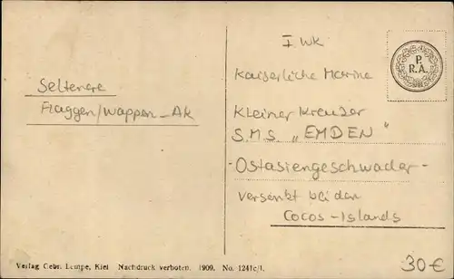 Ak Deutsches Kriegsschiff SMS Emden, Kleiner Kreuzer, Kaiserliche Marine, Fahnen, Wappen, GLK