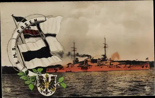 Ak Deutsches Kriegsschiff, SMS Posen, Kaiserliche Marine, Flaggen, Wappen, NPG, GLK