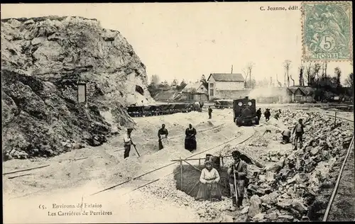 Ak Perrières Calvados, Steinbruch, Arbeiter, Eisenbahn