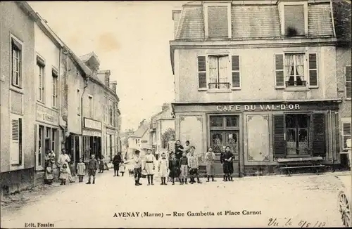 Ak Avenay Marne, Rue Gambetta, Place Carnot, Café du Val d'Or