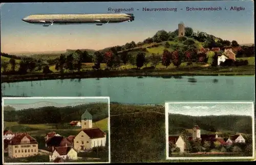 Ak Roggenzell Neuravensburg Wangen im Allgäu, Zeppelin Luftschiff über dem Ort, Schwarzenbach