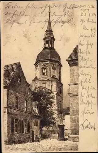 Künstler Ak Schweinitz Jessen an der Elster, Ortspartie, Kirchturm