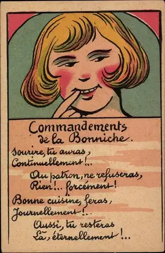 Künstler Ak Commandements de la Bonnice, sourire, tu auras, continuellement