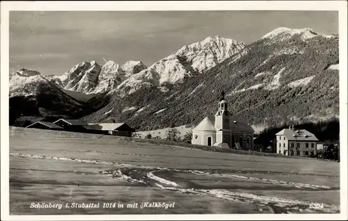 Ak Schönberg im Stubaital Tirol, Teilansicht mit Kalkkögel, Winter