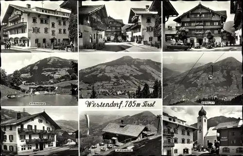 Ak Westendorf in Tirol, Strandbad, Alpenrose, Seilbahn, Straßenpartie