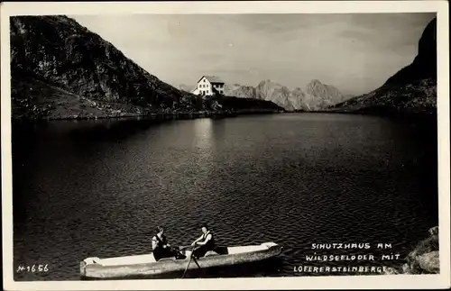 Ak Tirol, Schutzhaus am Wildseeloder mit Loferer Steinberge, Ruderpartie