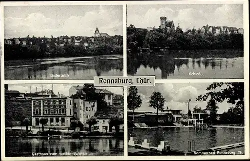 Ak Ronneburg in Thüringen, Schloss, Baderteich, Gasthaus zum weißen Schwann