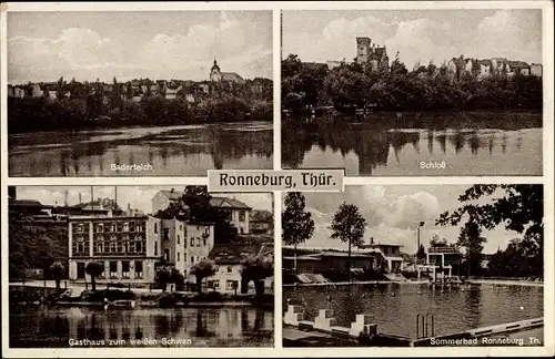 Ak Ronneburg in Thüringen, Schloss, Baderteich, Gasthaus zum weißen Schwann