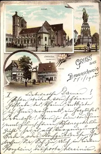 Litho Braunschweig in Niedersachsen, Dom, Siegerdenkmal, Löwensäule