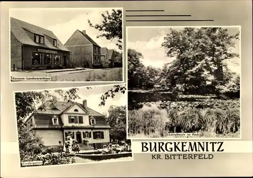 Ak Burgkemnitz Dübener Heide Sachsen Anhalt, Konsum-Landwarenhaus, Kindergarten, Schlossteich