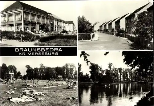 Ak Braunsbedra Saalekreis, Kaufhaus Kontakt, Thomas Müntzer Siedlung, Freibad, Gondelteich