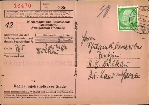 Ak Stade in Niedersachsen, Beleg von der Regierungshauptkasse Stade, Fahrtkostenzuschuss