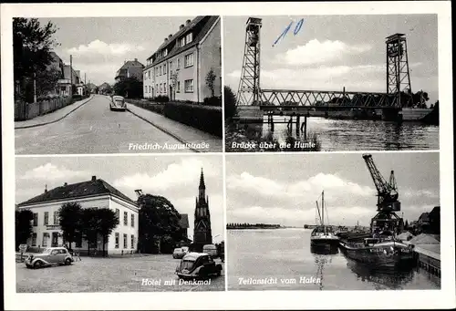 Ak Elsfleth an der Unterweser, Friedrich August Straße, Huntebrücke, Hafen, Hotel, Denkmal