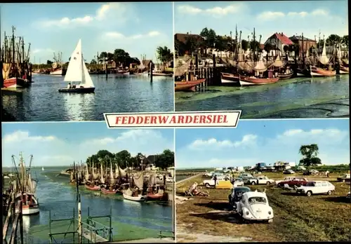 Ak Fedderwardersiel Butjadingen Wesermarsch, Hafen, Boote, Autos