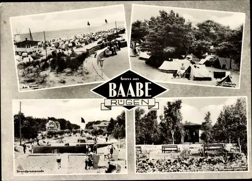 Ak Ostseebad Baabe auf Rügen, Zeltplatz, Strandpromenade, Musikpavillon, Am Strand