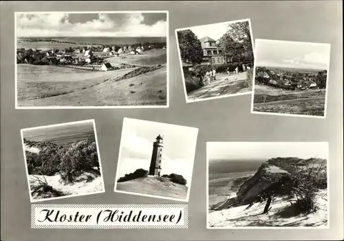 Ak Kloster Insel Hiddensee in der Ostsee, Leuchtturm, Partie am Strand, Ortsansicht