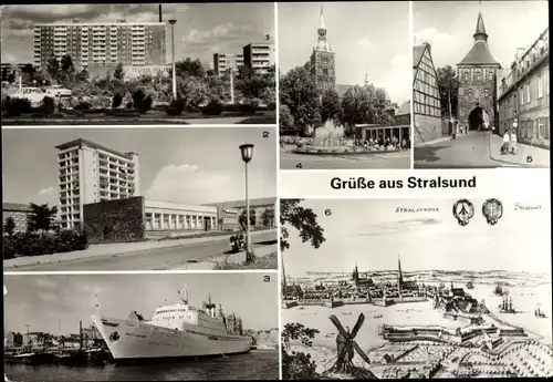 Ak Stralsund in Vorpommern, Blick zur Nikolaikirche, Kütertor, Hafen mit TMS Fritz Heckert