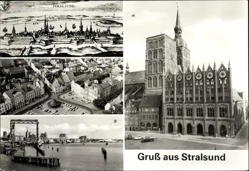 Ak Stralsund in Vorpommern, Gesamtansicht im 17. Jh, Leninplatz, Marienkirche, Rathaus