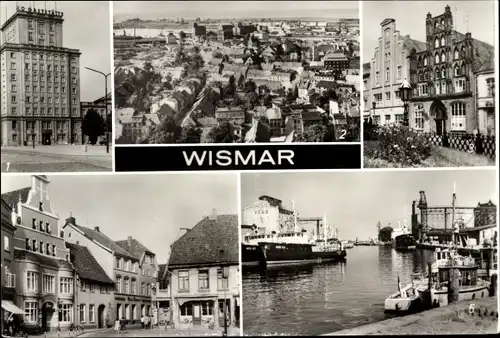 Ak Hansestadt Wismar, HO-Gaststätte am Platz des Friedens, Alter Schwede, Löwen-Apotheke, Hafen
