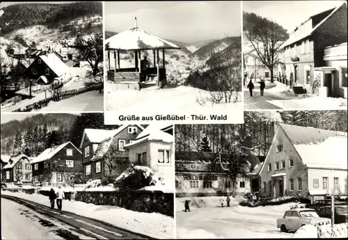 Ak Gießübel in Thüringen, Winteransichten, Ortsansicht, Blick ins Tal, Straßenpartie