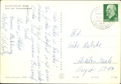 Ak Alexisbad Harzgerode am Harz, Blick vom Friedensdenkmal