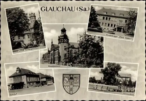 Ak Glauchau in Sachsen, Schloss Vorderglauchau, Hauptpostamt, Kinderkrippe, Bahnhof, Sommerbad