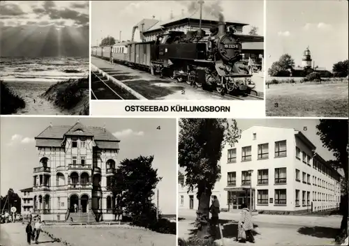 Ak Ostseebad Kühlungsborn, Strand, Molli, Leuchtturm Bastorf, FDGB-Erholungsheim Schloss am Meer