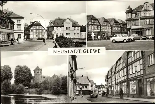 Ak Neustadt Glewe in Mecklenburg, Bahnhofstraße, Marktplatz, Burg, Breitscheidstraße