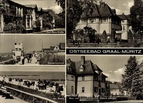 Ak Ostseebad Graal Müritz, Karl-Marx-Straße, Strand, Herz- und Kreislaufsanatorium Richard Aßmann