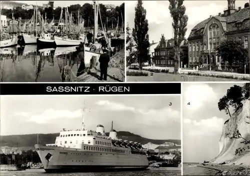 Ak Sassnitz auf Rügen, Fischereihafen, Postamt, Rathaus, Eisenbahnfährschiff MS Saßnitz