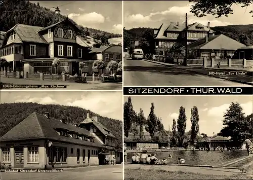 Ak Sitzendorf in Thüringen, FDGB-Erholungsheim Max Kirchner, HO-Hotel Zur Linde, Bahnhof, Freibad