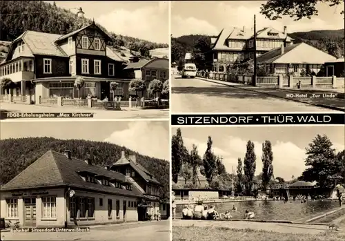 Ak Sitzendorf in Thüringen, FDGB Erholungsheim Max Kirchner, HO Hotel Zur Linde, Bahnhof, Bad