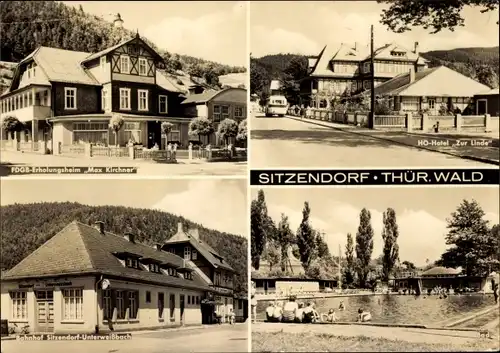 Ak Sitzendorf in Thüringen, FDGB Erholungsheim Max Kirchner, HO Hotel Zur Linde, Bahnhof, Bad