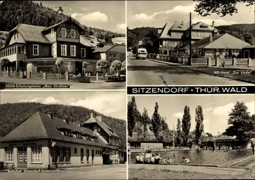 Ak Sitzendorf in Thüringen, FDGB Erholungsheim Max Kirchner, HO Hotel Zur Linde, Bahnhof, Bad