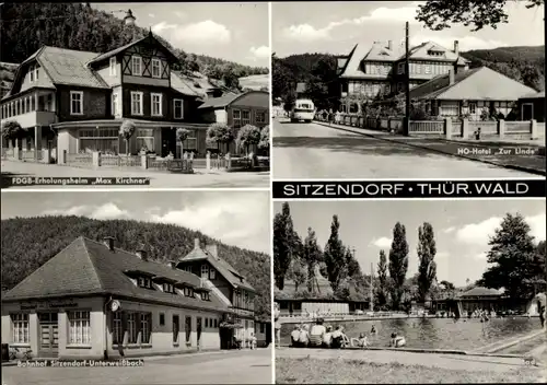 Ak Sitzendorf in Thüringen, FDGB Erholungsheim Max Kirchner, HO Hotel Zur Linde, Bahnhof, Bad