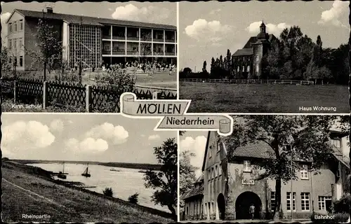 Ak Möllen Voerde am Niederrhein, Kath. Schule, Rheinpartie, Haus Wohnung, Bahnhof