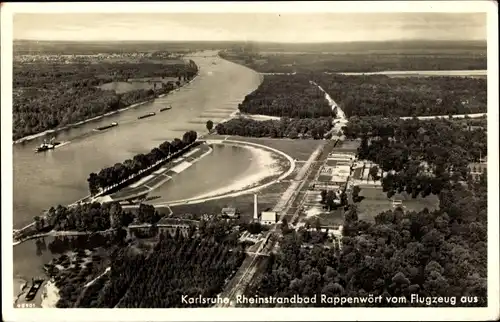 Ak Karlsruhe in Baden Württemberg, Rheinstrandbad Rappenwörth, Fliegeraufnahme, Flussdampfer