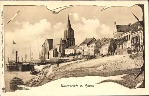 Ak Emmerich am Niederrhein, Teilansicht vom Ort, Kirche, Rheinufer, Dambfboot am Anleger