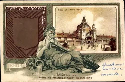 Litho Düsseldorf am Rhein, Industrie und Gewerbeausstellung 1902, Hauptindustriehalle, Wappen