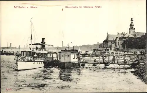 Ak Mülheim Köln am Rhein, Rheinpartie mit Clemens Kirche