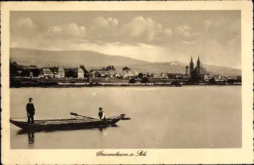 Ak Geisenheim am Rhein Hessen, Bootspartie, Ort im Hintergrund