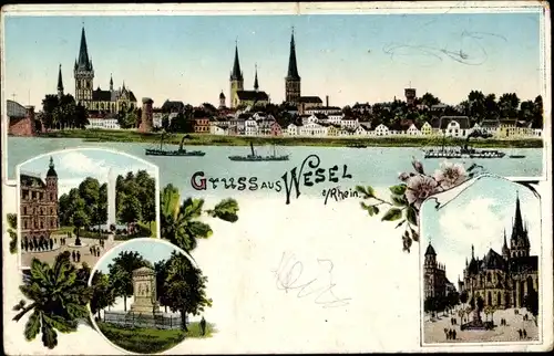 Litho Wesel am Niederrhein, Flusspartie mit Blick auf die Stadt, Kirche, Denkmal