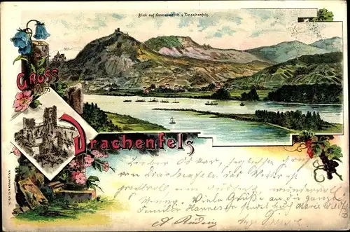Litho Königswinter am Rhein, Drachenfels, Drachenburg