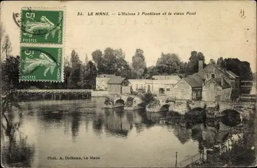 Ak Le Mans Sarthe, L&#39;Huisne in Pontlieue und die alte Brücke