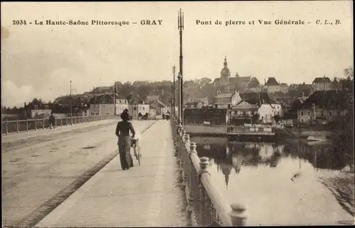 Ak Gray Haute Saône, Steinbrücke und Gesamtansicht, Frau mit Kinderwagen