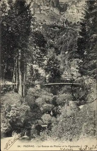 Ak Florac Lozère, La Source du Pecer, La Passerelle