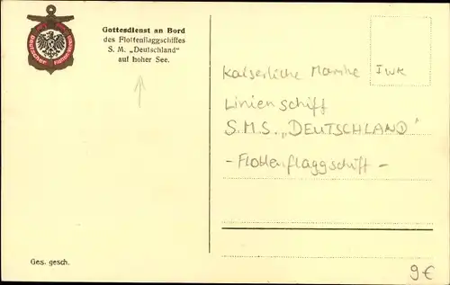 Ak Deutsches Kriegsschiff, SMS Deutschland, Gottesdienst an Bord, Seeleute, Kaiserliche Marine