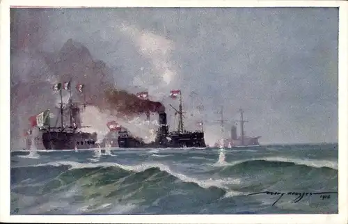 Künstler Ak Heusser, Harry, Österreichisches Kriegsschiff, SMS Erzh. Ferdinand Max, bei Lissa