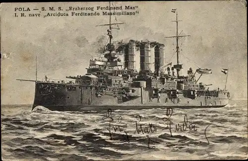Ak Pola Pula Kroatien, Österreichisches Kriegsschiff, SMS Erzherzog Ferdinand Max, Schlachtschiff